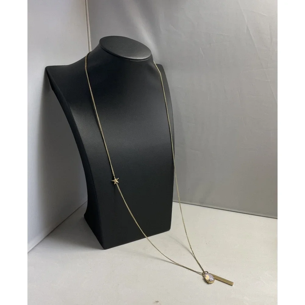 J Crew Long Necklace Rhinestone Bar Charm Star Gold Tone Jewelry - Picture 11 of 13